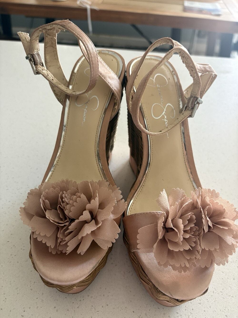 Jessica Simpson Pressa Chiffon Flower Detail Wedge Sandals Size 8 pink Rose